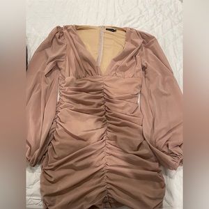 Stone Mesh Ruched Balloon Sleeve Bodycon Dress